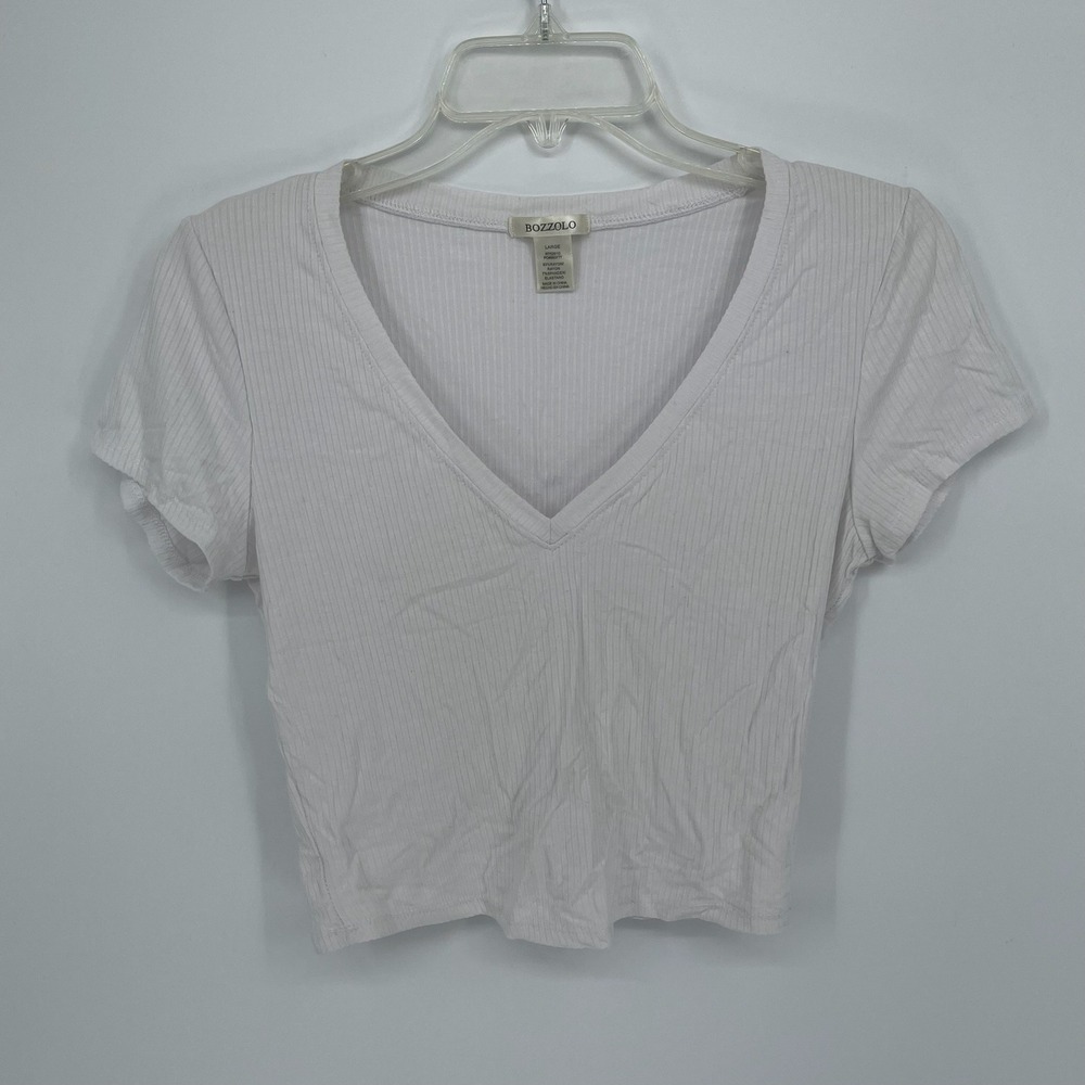 Bozzolo Women's White Ribbed V-Neck Short Sleeve Crop Top Size Large